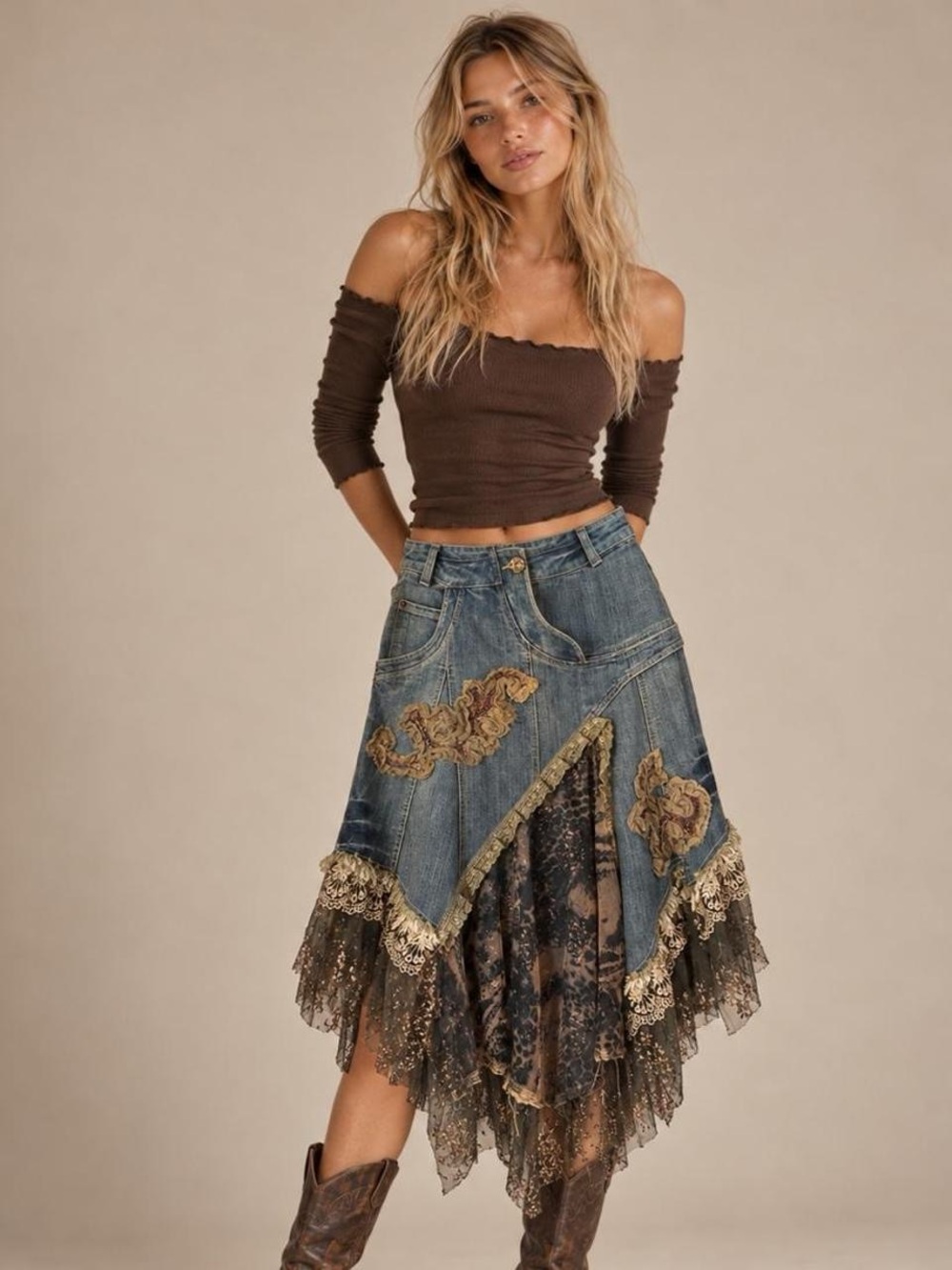 Y2K Boho Denim and Lace Midi Skirt